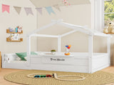 Full Size Floor Bed with Guardrails and Roof, Kids House Floor Bed with a Small Built-in Tray and W1580P396332