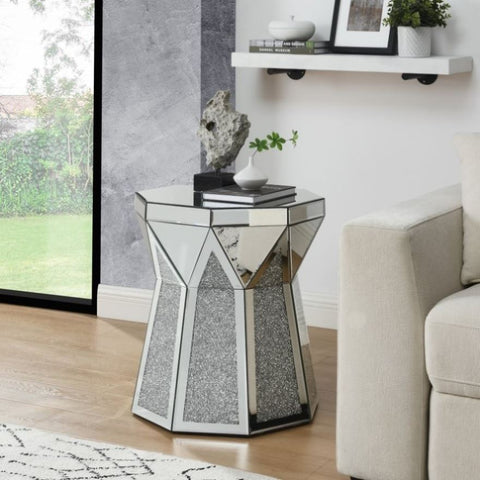 ZUN Drum style coffee table with mirror crystal inlay, polygonal silver decorative table, modern design W1005P190409