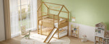 House Bunk Bed with Convertible Slide and Ladder, Floor Bunk Bed Twin Over Twin with Safety W1858P241096