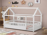 Twin Size Floor Wooden Bed with House Roof Frame, Fence Guardrails,White W1858123984