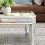 Silver Mirrored Coffee Table, Vintage Carved Elements, Rectangle Glass Tea Table with Mirrored W1445P214047