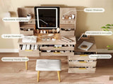 7-Drawer Vanity Desk with LED Mirror & Carved Details, Fluted Makeup Table with Metal Legs and PU 44048891