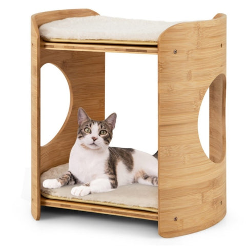 ZUN Two floors of bamboo cat bed, cat apartment with plush mat 84209669