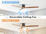 52 Inch Ceiling Fan No Light, Flush Mount Low Profile, 3 Wood Blades with Remote Control, Quite DC W934P515281