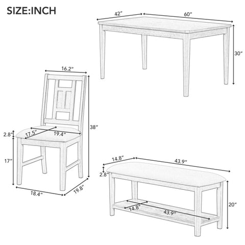 ZUN 6-piece Retro Dining Set, Minimalist Dining Table and 4 upholstered chairs & 1 bench with a shelf 77607672