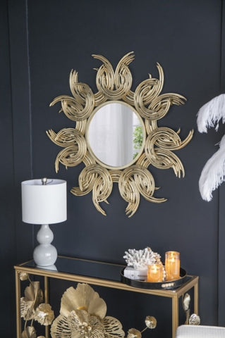 ZUN 38" Sunburst Metal Decorative Mirror with Gold Finish, Boho Wall Decor Sun Mirror for Living Room W2078124327