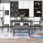 ZUN 6-Piece Kitchen Dining Table Set Wooden Rectangular Dining Table, 4 Fabric Chairs and Bench Family 35334978