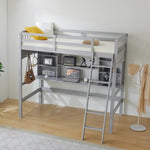 ZUN Loft bed with shelf with desk inclined ladder gray twin wooden bed pine particle board 64810433