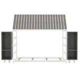 Wooden Twin Size House Bed with Fence and Roof, Kids Floor Bed with Two Movable Wardrobes, Gray N733P240134E