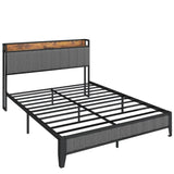 Queen Size Bed Frame with Charging Station, Upholstered Headboard, Metal Platform, Grey W1960131346