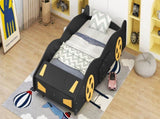 Twin Size Race Car-Shaped Platform Bed with Wheels and Storage, BlackYellow WF305759AAB