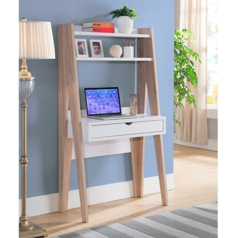 ZUN Ladder Desk Two- Tone, Home Office Study Desk with Drawer and Two Shelves in White & Weathered White B107130822