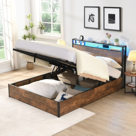 ZUN Lift-up Storage Bed Frame, Queen Size Bed Frame with Bookcase Headboard & LED Lights, Wooden W1916P184705