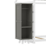 Wooden Twin Size House Bed with Fence and Roof, Kids Floor Bed with Two Movable Wardrobes, Gray N733P240134E
