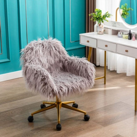 ZUN Modern Faux fur home office chair, fluffy chair for girls, makeup vanity Chair with Gold Plating 32700576