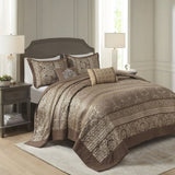 5 Piece Reversible Jacquard Bedspread Set Brown/Gold Queen B03597513