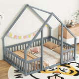 Full Wood House-Shaped Floor Bed with Fence, Guardrails,Grey W504P143293
