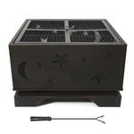 ZUN 26 Inch Square Fire Pit with BBQ Grill, Outdoor Wood pit with Poker, Large Burning Space 23252030