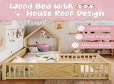 Twin Size House Floor Bed, Double Twin Floor Bed with Door and Full-length Guardrails, W1580P327129