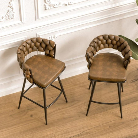 ZUN Technical Leather Woven Bar Stool Set of 2,Black legs Barstools No Adjustable Kitchen Island 72783800