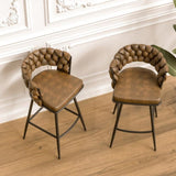 28" Technical Leather Woven Bar Stool Set of 2,Black legs Barstools No Adjustable Kitchen Island 97030525