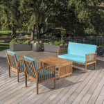 ZUN Outdoor Acacia Wood Sofa Set with Water Resistant Cushions, 4-Pcs Set, Brown Patina / Teal 59116.00T