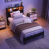 Twin Size Bed Frame with Storage Headboard, Metal Platform Bed with Charging Station, Bookcase W840P201065