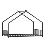 Full size children's bed frame with LED light strips, roof-shaped iron frame bed, Black,78.5" L x 17173656