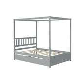 Full Size Canopy Bed with Twin Trundle, Kids Solid Wood Platform Bed Frame w/ Headboard, No Box W69740998