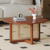 A natural and elegant deep red wooden coffee table with artificial rattan decorations, perfect for a W1512P363031