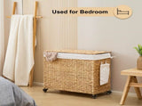 165L 3-Section Laundry with Lid and Wheels, Woven Natural Water Hyacinth Rolling Laundry 87264683