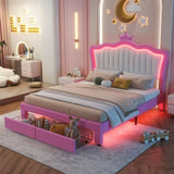 Full Size Upholstered Bed Frame with LED Lights, Modern Upholstered Princess Bed with Crown W2770P190367