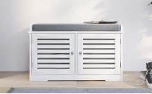 ZUN Shoe Storage Bench with Padded Seat Cushion, Entryway Bench with 2 Barn Doors-White W282P144349