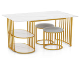 White & Gold Dining Table Set with Faux Marble Top, 2-Layer Open Shelves & Upholstered Stools 69773470