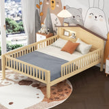 Full Size Wood Platform Bed with House-shaped Headboard, LED and Built-in Storage, Natural N709P184430M