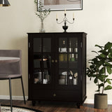 Minimalist Black Buffet Cabinet with Double Glass Doors and Drawer, Modern Wooden Storage Sideboard W2557P307942