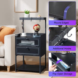 ZUN FCH Black Wood Steel 2 Drawers Shelf LED Light Strips Nightstand With Socket With Charging Station & 98841618