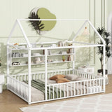 Full Size Metal Bed House Bed Frame with Fence and Shelves, White N737P175361K
