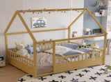 Full Size Floor Wooden Bed with House Roof Frame, Fence Guardrails W1858P310085