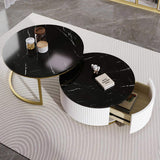 Modern Round Nesting Coffee Table Fluted with Drawer in Black & Gold in 27.6" N735P254992B
