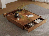 35.43" Square Walnut Finish Coffee Table with Hidden Drawer and Black Base, Modern Large Cocktail W5909P583195