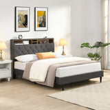 KING -Size Upholstered Platform Bed Frame with a Modern Button-Tufted Linen Fabric Headboard,USB W311P285483