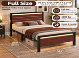 Full Size Metal Wood Platform Bed Frame, 3-Panel Reddish Brown Wood Grain Headboard with LED Light & 84757883