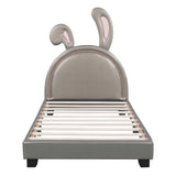Twin Size Upholstered Leather Platform Bed with Rabbit Ornament, Gray WF299137AAE