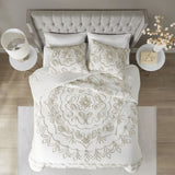 3 Piece Tufted Cotton Chenille Comforter Set Ivory/Taupe King/Cal King B03597182