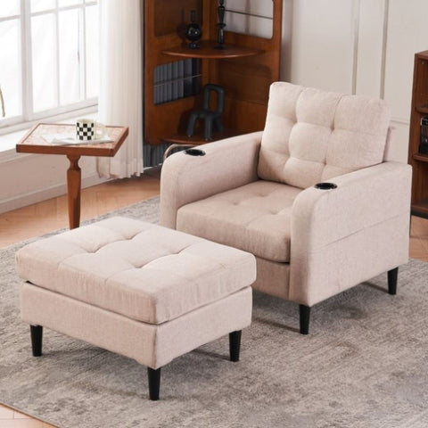 ZUN Beige Upholstered Armchair and Storage Ottoman Set - Comfortable Single Sofa with Cup Holders and W1901P149127