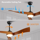 52 Inch Ceiling Fan With Dimmable 3 Color Led Light 3 Solid Wood Blades Remote Control Reversible DC W882P254266