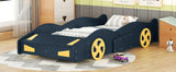 Twin Size Race Car-Shaped Platform Bed with Wheels and Storage, Dark BlueYellow WF305759AAC