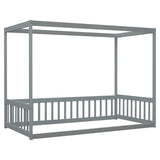 Twin Size Canopy Frame Floor Bed with Fence, Guardrails,Grey W504P143277