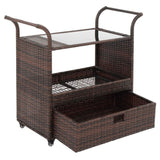 ZUN Outdoor Patio Wicker Rattan Serving Bar Cart Sideboard On Wheels Brown Gradient 72384423